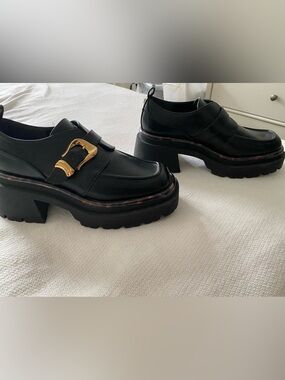 Circus NY Black Platform Leather Loafers with Gold Buckle and Tortoise Detailin